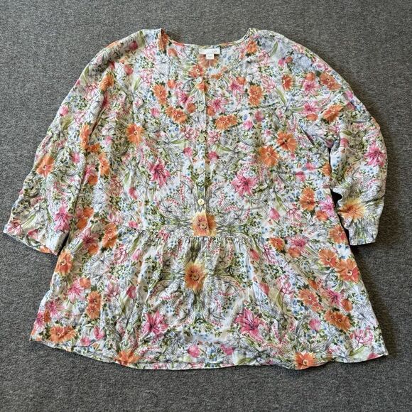 J. Jill Popover Blouse Womens Small Petite White Floral Print Rayon Ruffle Hem - Picture 6 of 7